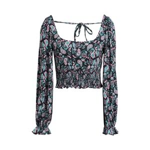 Topshop Floral Print Long Sleeve Crop Top‎ Smocked Square Neck Black Small